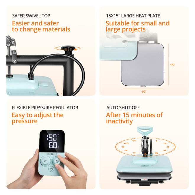 [⚡Flash Deal] HTVRONT Manual Heat Press Machine 15" x 15" 110V - (2 Colors) & Free Mini Heat Press